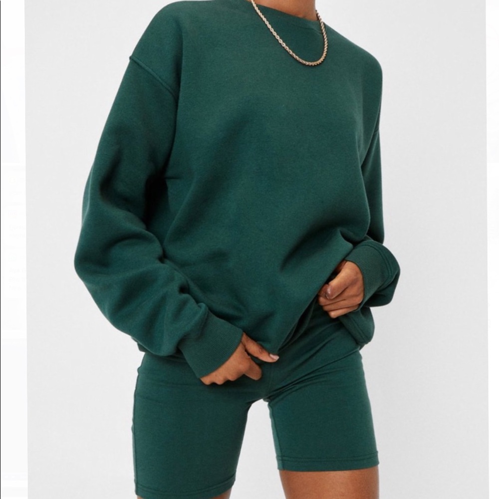 dark green sweatshirt and biker shorts set
